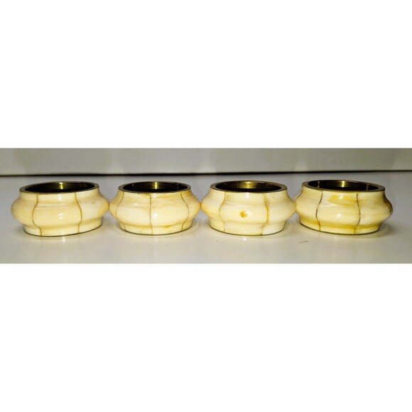 Boho 4 Pack Vintage Brass Inlay Cream Ivory Glaze Napkin Rings 1980s Collectible - Picture 1 of 7
